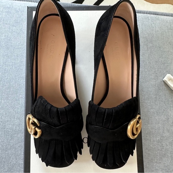 Gucci Black Suede Marmont Fringe Loafers with Gold Double G - Picture 4 of 8